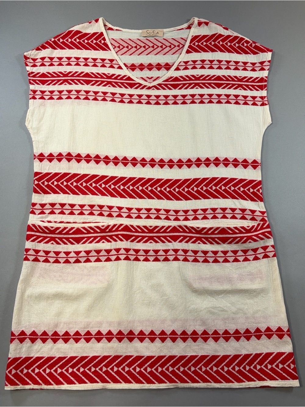 Sofia Made in Italy Red White Geometric Cotton Tunic Mini Dress Beach Cover-Up